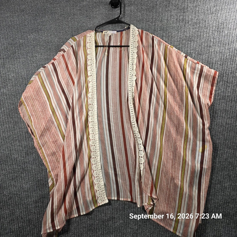 Jolt Womens XL Striped Kimono Wrap Open Front Crochet Lace Trim Rust Cream NWT
